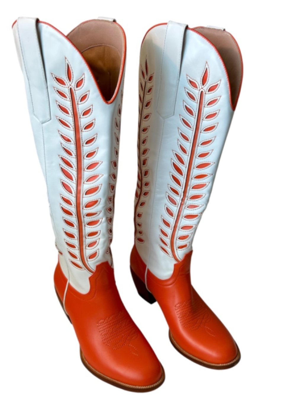 Cowboy Boot Tall Orange White Leaves Inlay Stitching Wide Calf Heel 1.5" Size 8 - Picture 11 of 13